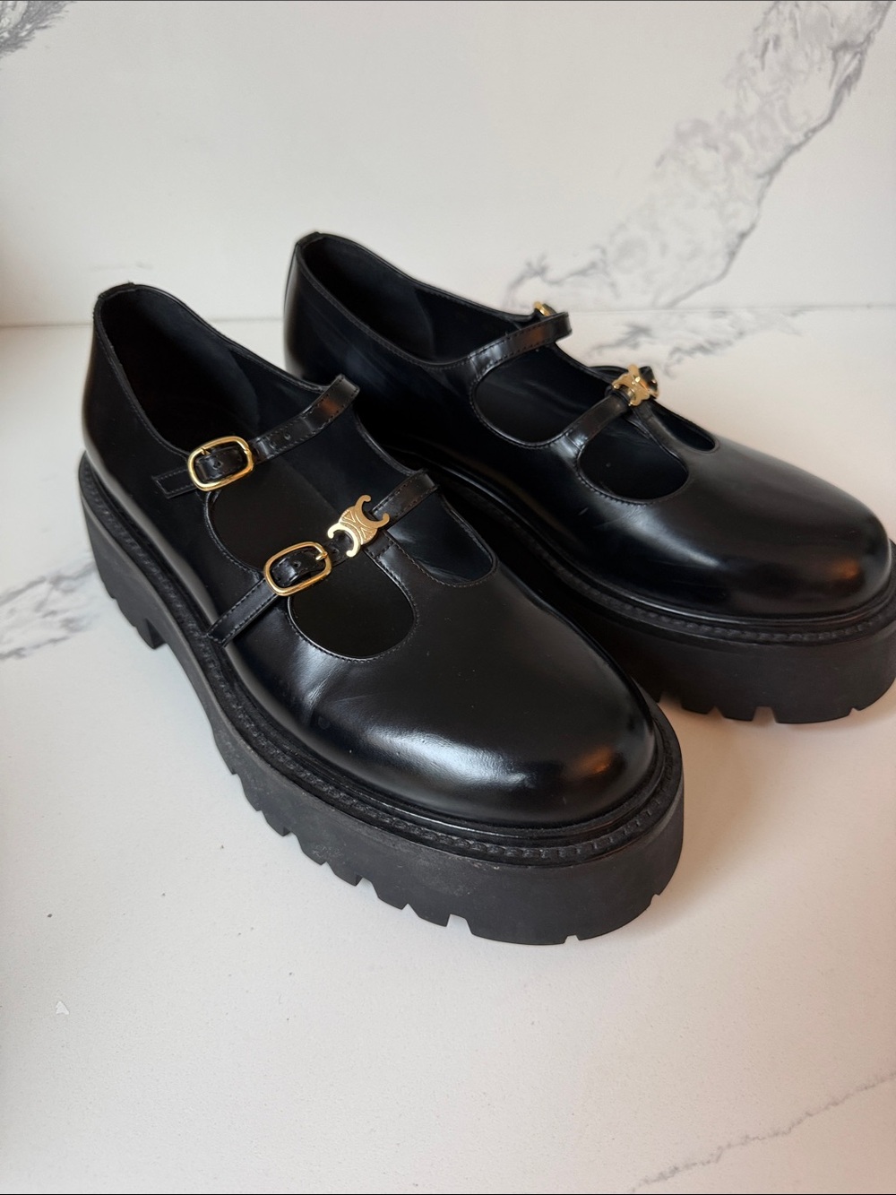 Authentic Celine Black Mary Jane Platform Shoes with Gold Hardware size 39